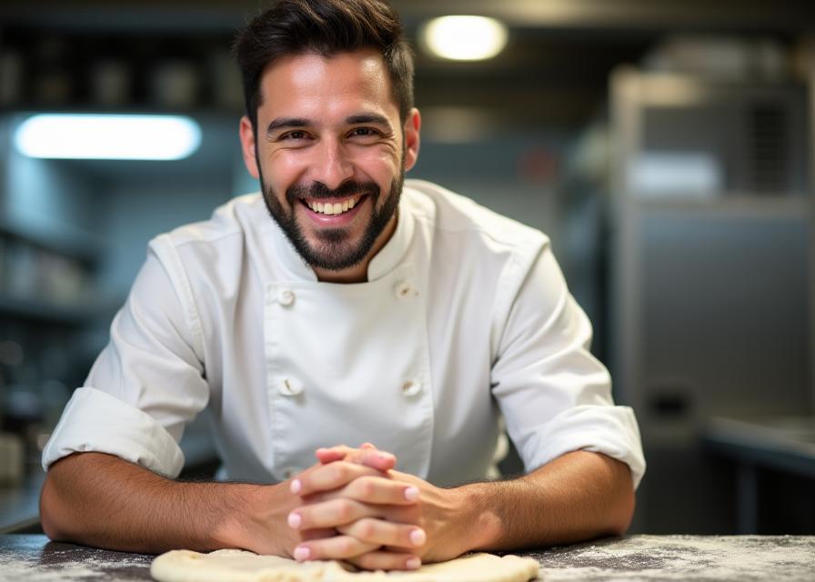 Chef pizzaiolo souriant préparant une pâte à pizza