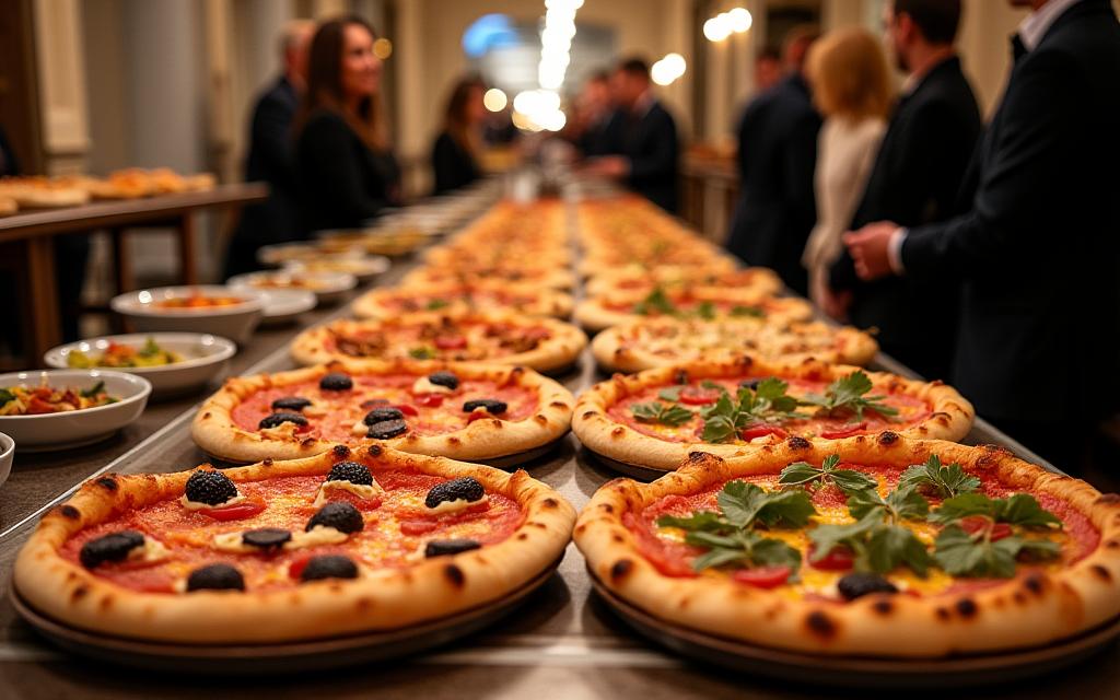 Service traiteur présentant des pizzas lors d'une réception élégante