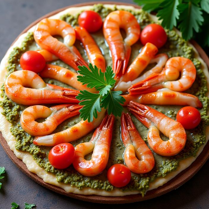 Création de pizza aux fruits de mer et pesto