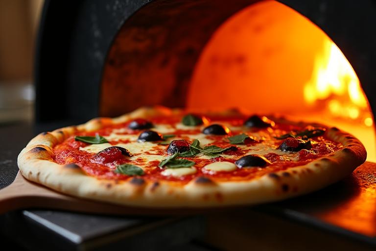 Pizza napolitaine sortant d'un four à bois traditionnel