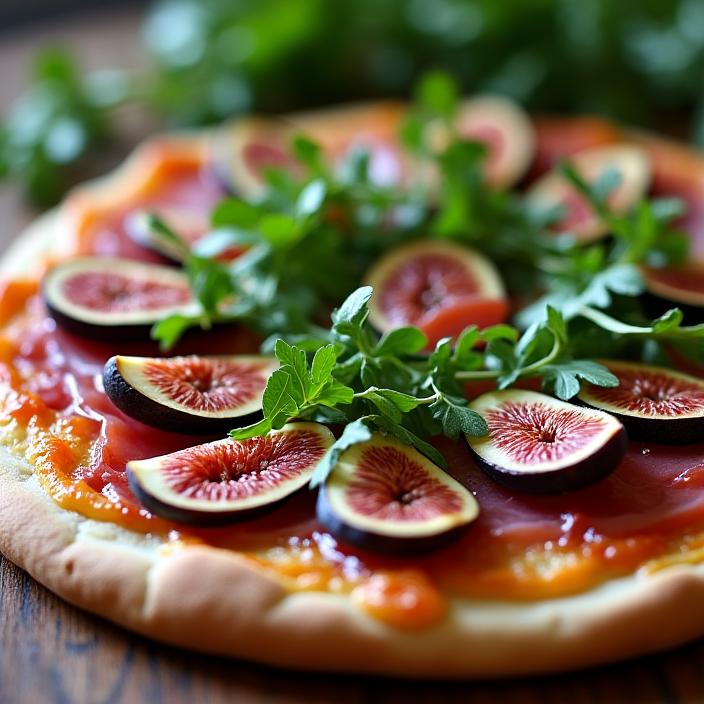 Pizza signature avec figues, prosciutto et roquette